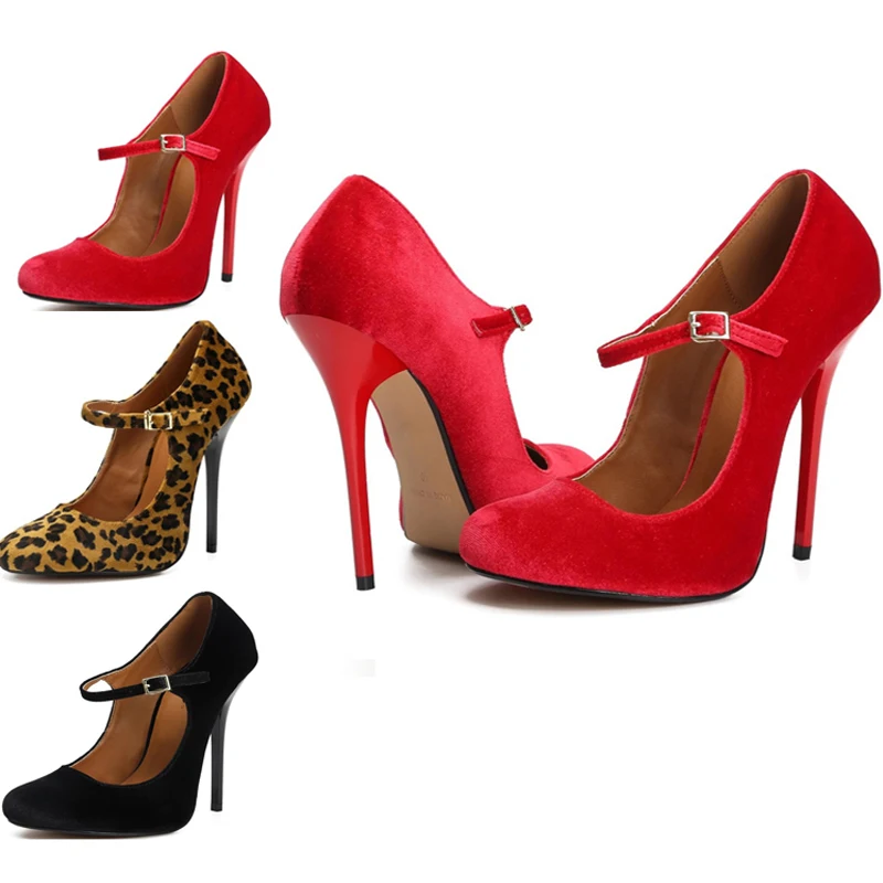 

Super High Bright Red Velvet Pumps 13cm Thin Heels Ankle Strap Round toe Woman Leopard Suede T- Stage Club High Heels Shoes
