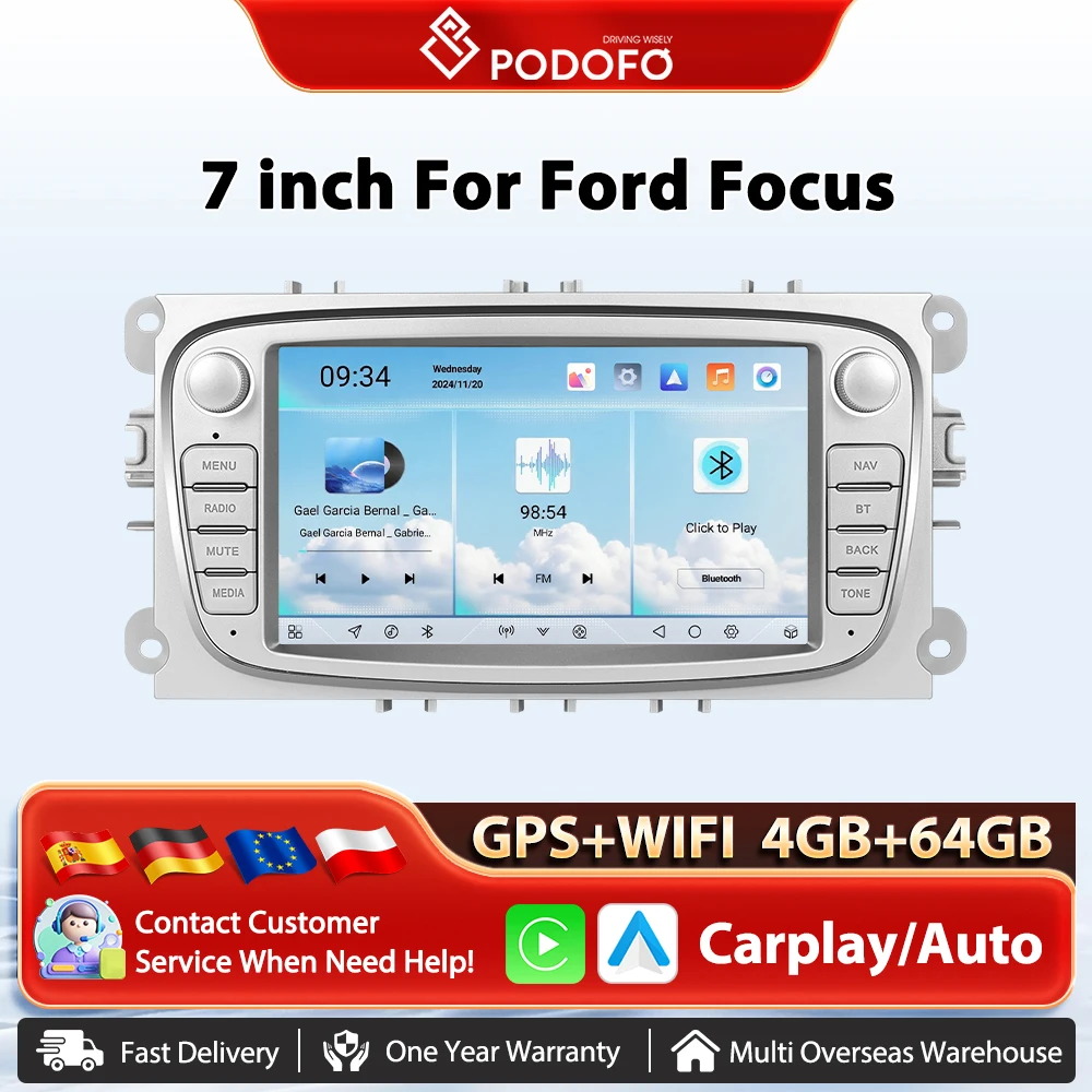 Podofo 8 Core Drahtlose Carplay Auto Radio Für Ford Focus Android Auto GPS Navigation 4 + 64G Auto multimedia-Player AI Stimme DSP BT
