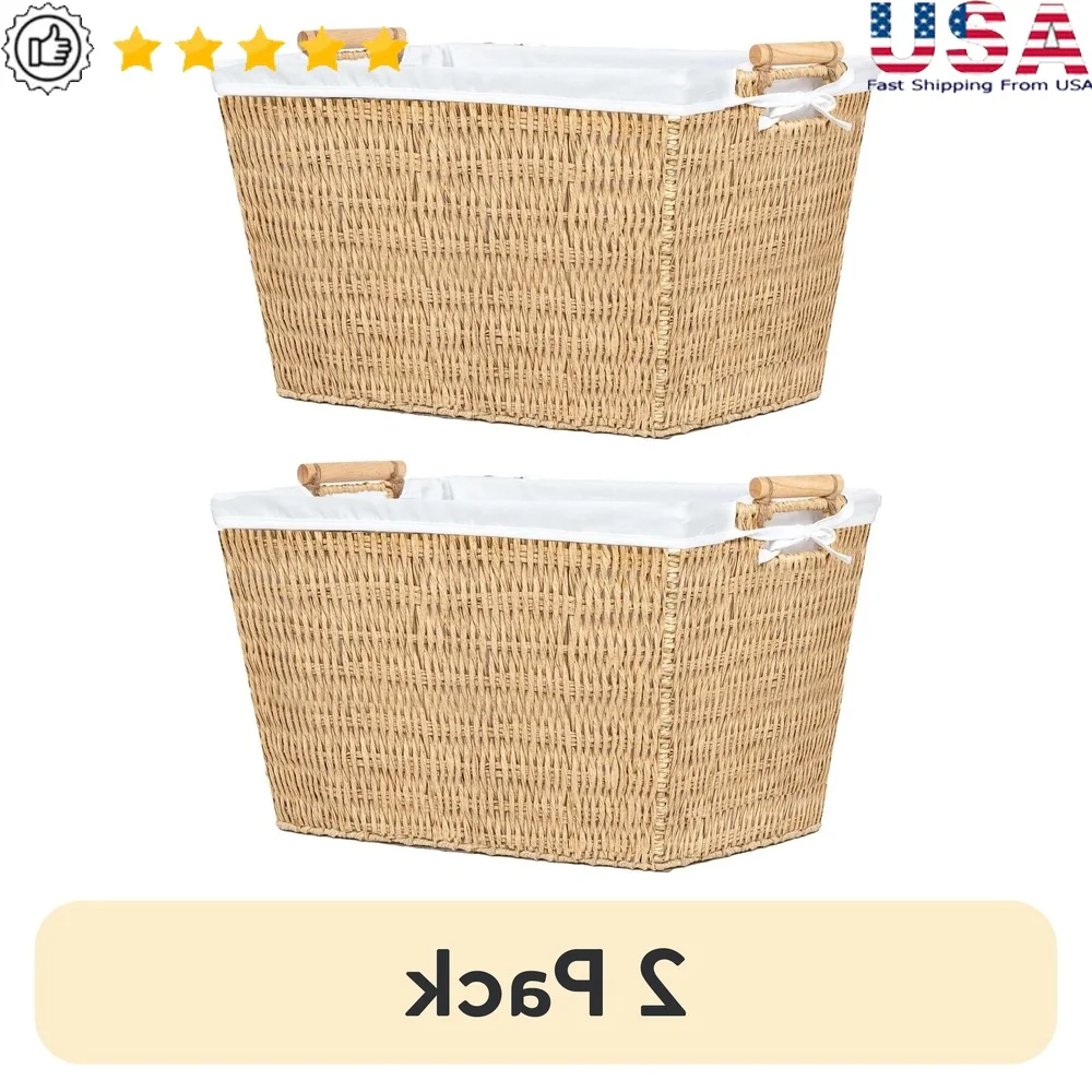 

2 Pack Handwoven Poly Rattan Laundry Basket with Removable Liner Durable Steel Frame and Wooden Handles Storage Organizer