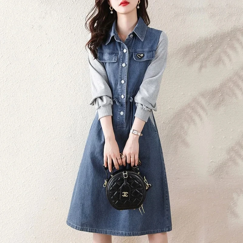 Denim Dress Women Spring Color Collision Long-sleeve Spliced Denim Jacket Female 2023 New French Design Sense Fashion Long Skirt