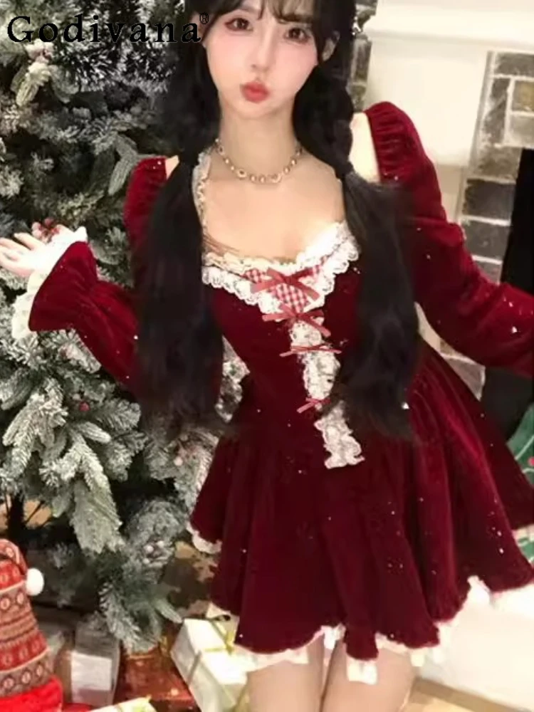 Autumn Winter Large Size Girl French Sweet Girl Christmas Dress Elegant Square Neck Long Sleeves High Waist Age-reducing Dresses