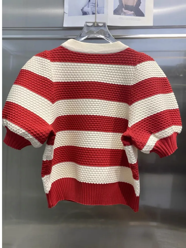 2024 Summer Sweet Sequin Bow Striped Sweater Women Pullover Striped Knitted Bubble Sleeve Short Sleeve Knitwear T-shirts Y2K Top