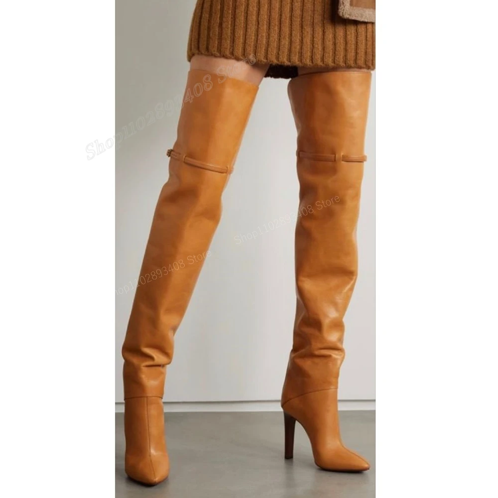 Brown Matte Leather Buckle Belts Over the Knee Boots Pointed Toe Stiletto High Heel Sexy Women Shoes 2024 Zapatos Para Mujere