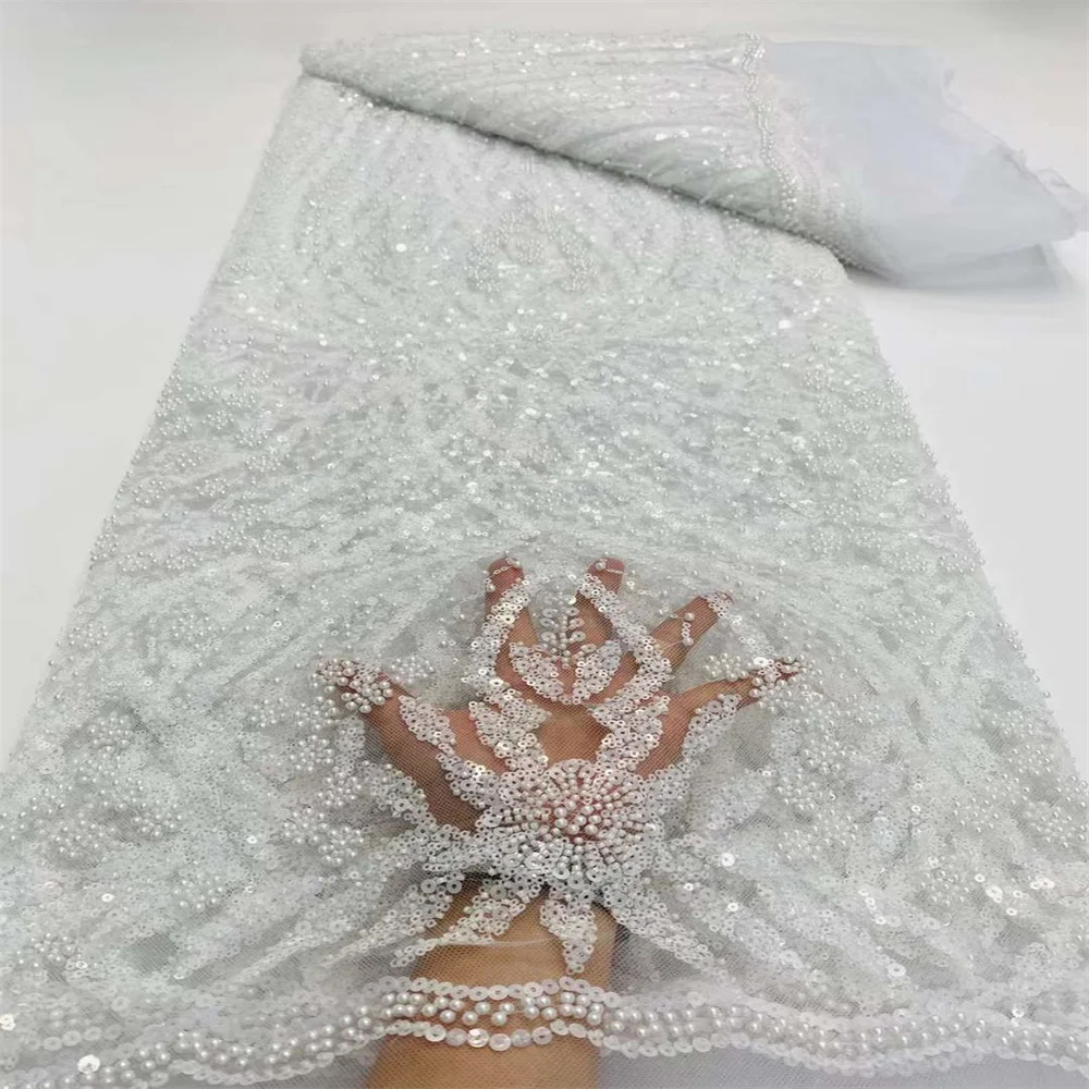 2025 New African Nigerian French High Quality 2025 Hot Sale Lace Fabric With Beads Sequins Bride Party Wedding Embroiderg Dress