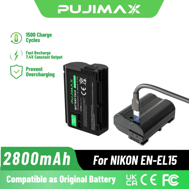 PUJIMAX 2800mAh Battery EN-EL15 For Nikon D500 D600 D610 D750 D800E D810A D850 D7000 D7100 D7200 V1 Z6 Z7 Camera