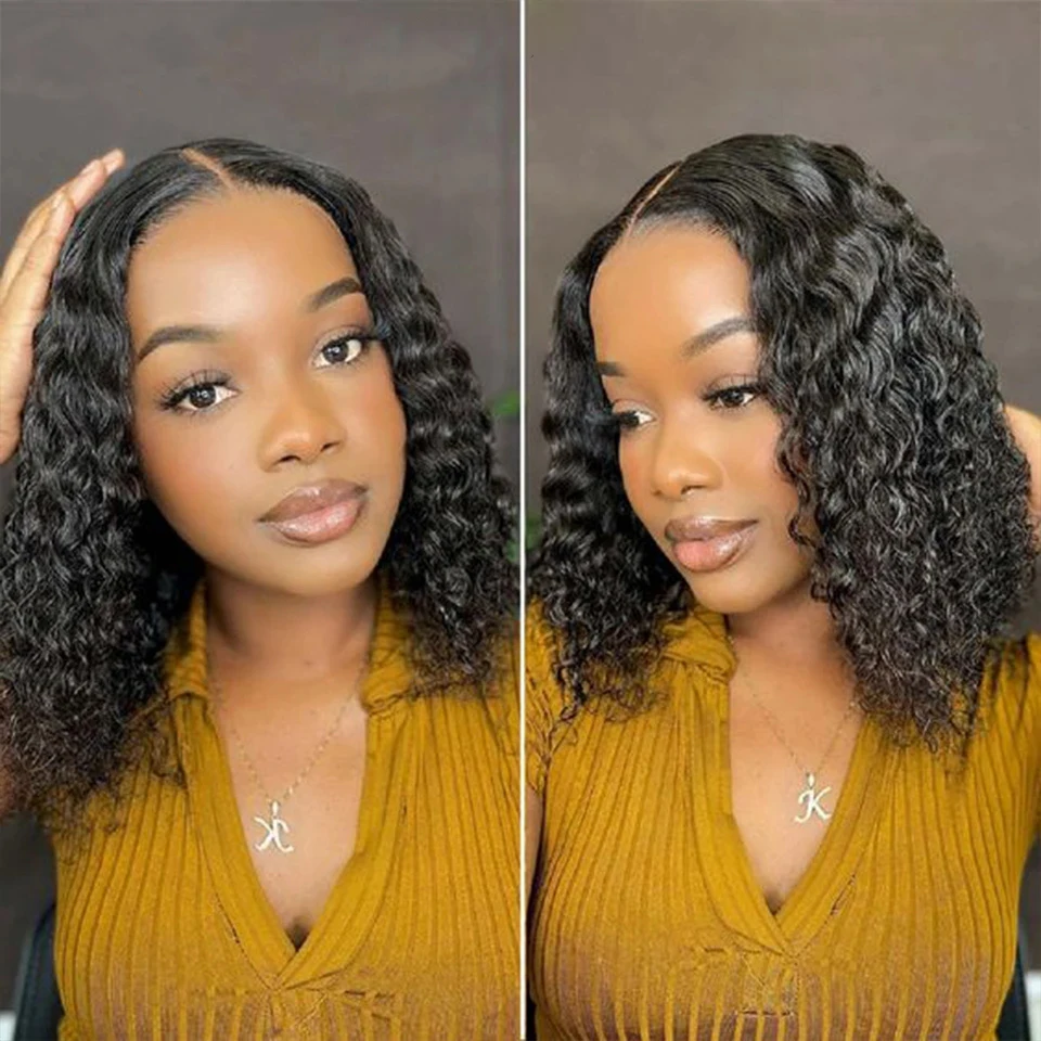 Sleek Brazilian Deep Curly Bob Wigs Nature Remy Black Dark Human Hair Bob Wigs Water Wave Lace Front Part P4/27 And Red 99J Wigs