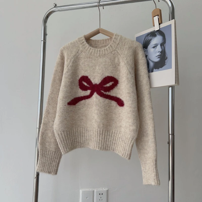 

Красивый женский серый пуловер с круглым вырезом и бантом, внутренний свитер, женский осенне-зимний свитер 2024, новый маленький мягкий клейкий базовый трикотаж