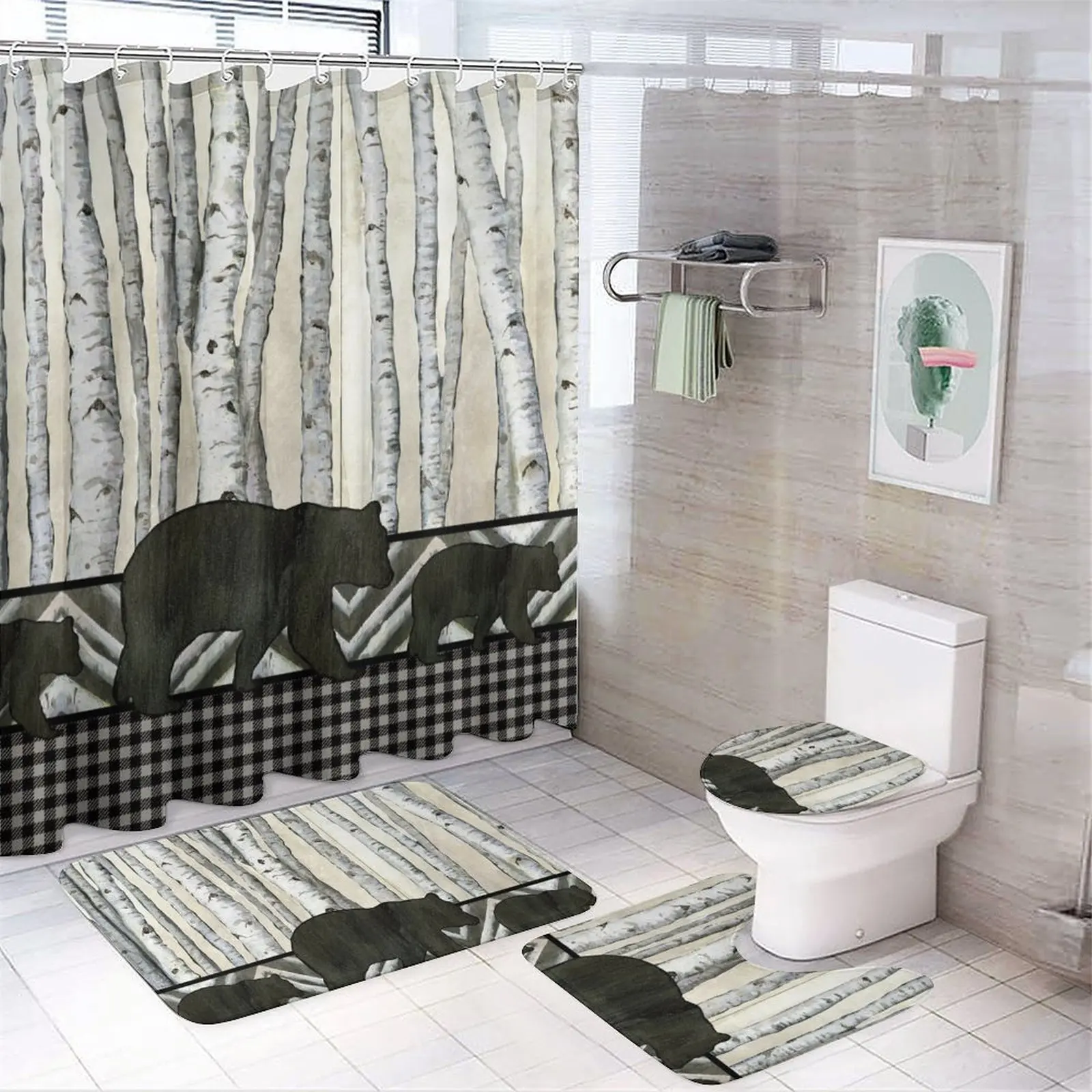 Black Bear print shower curtain Modern non-slip carpet shower curtain Waterproof polyester home decor 180x180