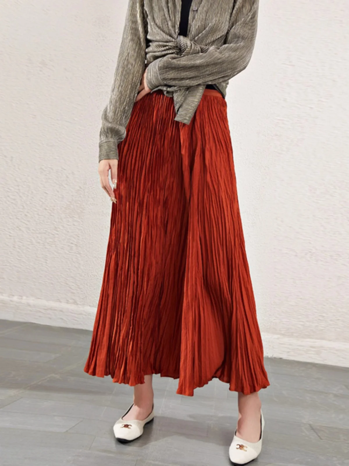 

Весна 2025: Длинная юбка миди А-силуэта с высокой талией, объемными складками и расклешенным подолом, в корейском стиле, для повседневной носки, из полиэстера