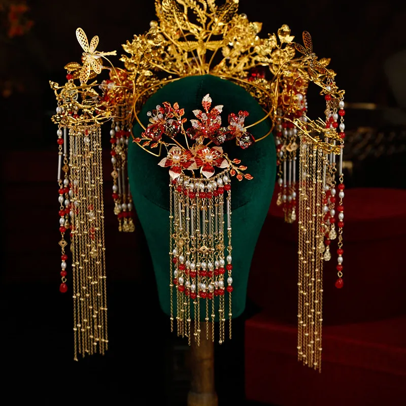 Xiuhe غطاء الرأس الربيع والصيف جديد الصينية الأحمر شرابة التاج وثوب مينغ الزفاف Xiuhe دعوى إكسسوارات الشعر