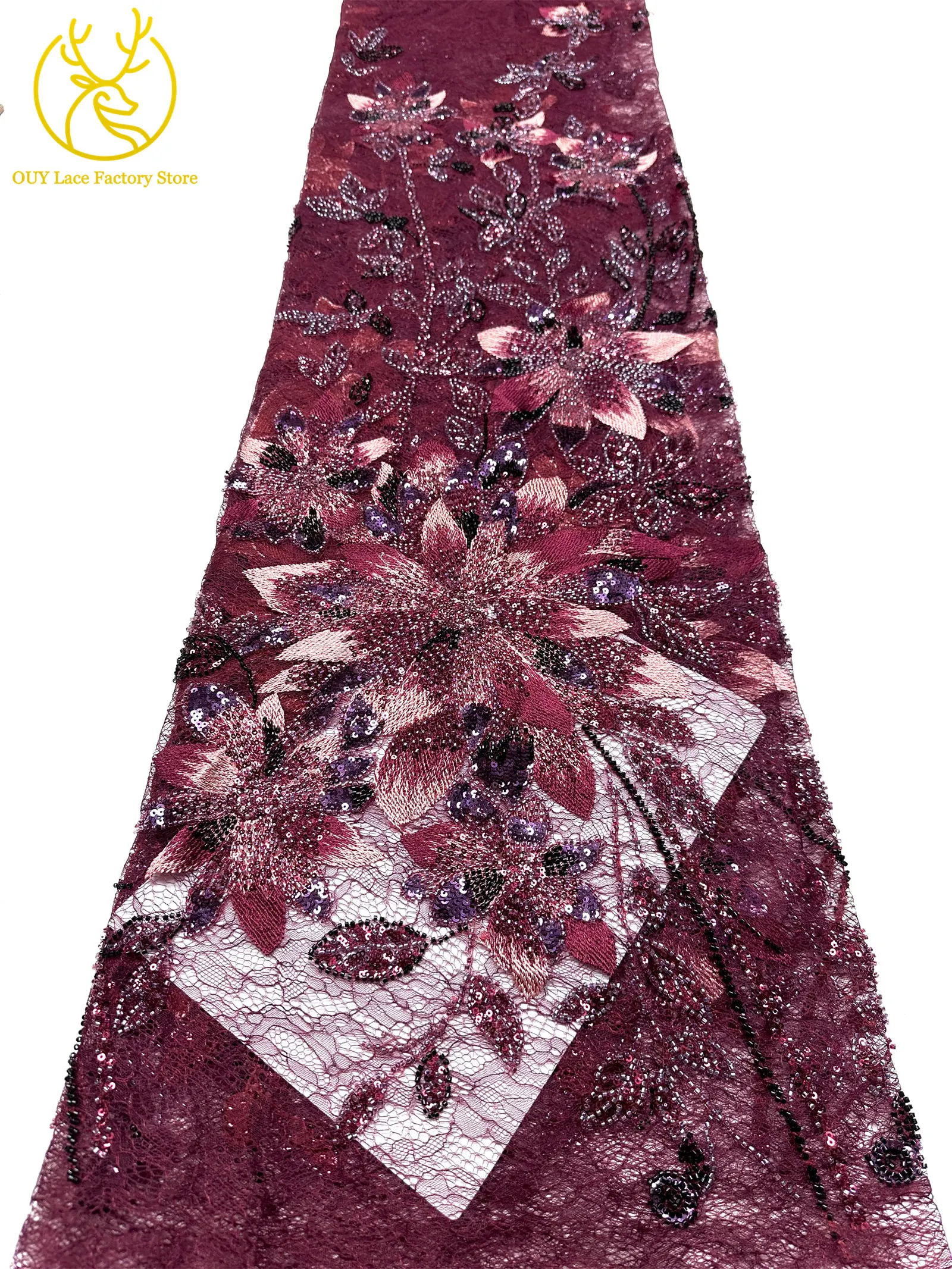 3D-Stickerei-Blattapplikation mit Pailletten, Röhrenperlen und Spitze, hochwertiger französischer Tüllspitzenstoff für Hochzeitskleider, Brautkleider und Partykleider zum Nähen. – Detail 16