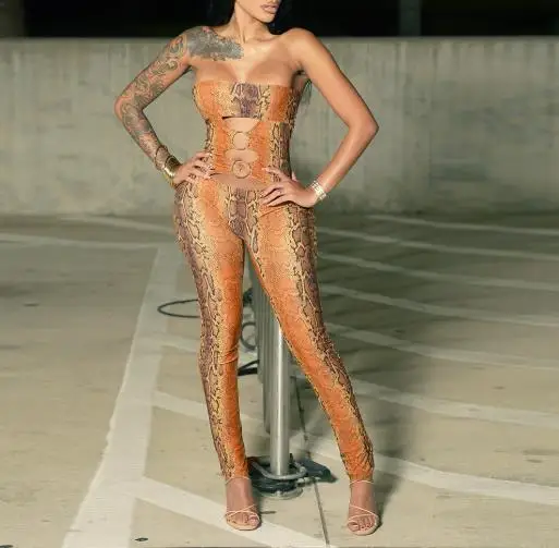 

New Women's Fashionable Decorative Buckle Hollow Out Personalized Snake Pattern Strapless Slim Fit Jumpsuit