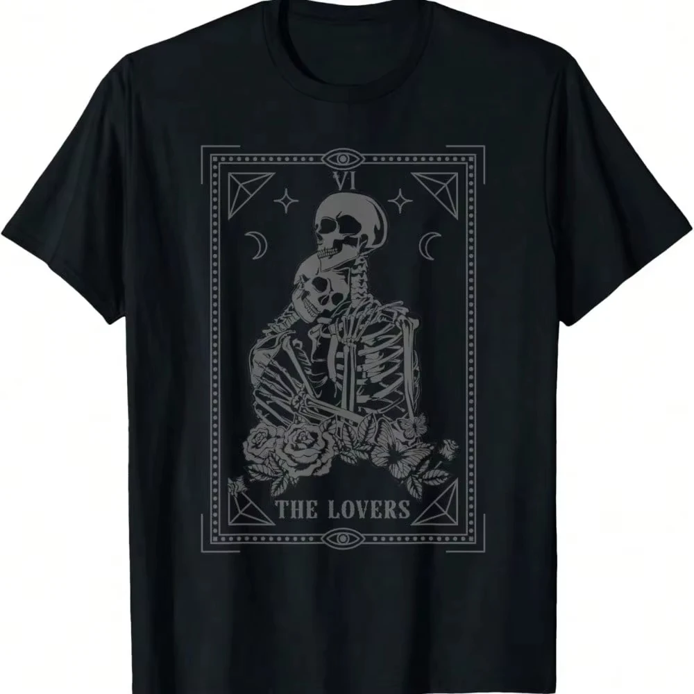 

The Lovers Tarot Card. Skeleton Couple Gothic Halloween Goth T-Shirt As Gift Retro Streetwear High-quality Crew-neck Men T-shirt