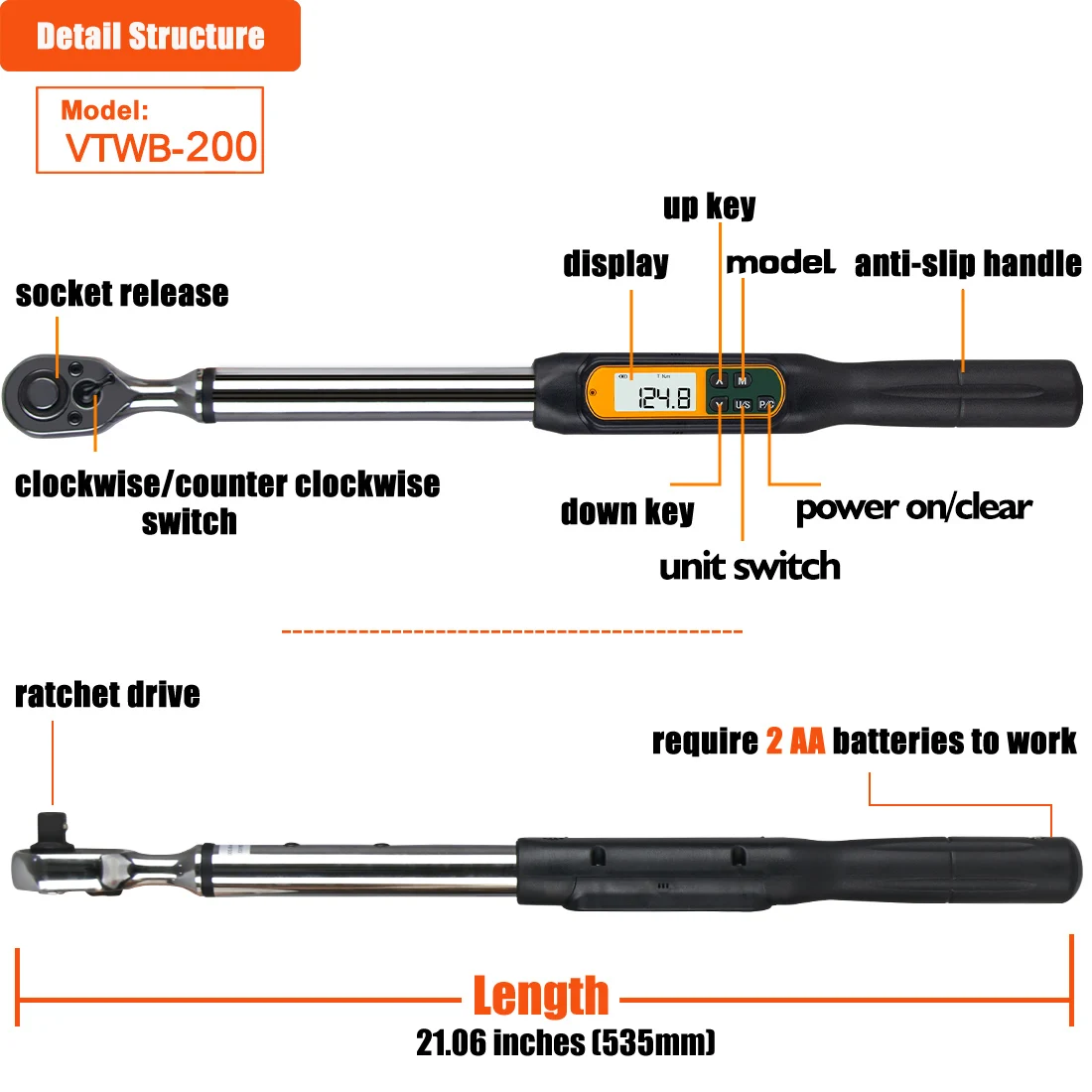 1/2 inch 200Nm Digital Torque Wrench Professional Car Repairing Tool with Buzzer & LED Notification, 3rd New Gen High Precision