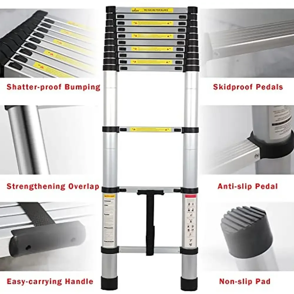 12.5 FT Aluminum Lightweight Extension Folding Telescopic Ladder Portable Multi-Purpose Compact Slow Retract Easy Storage Stable