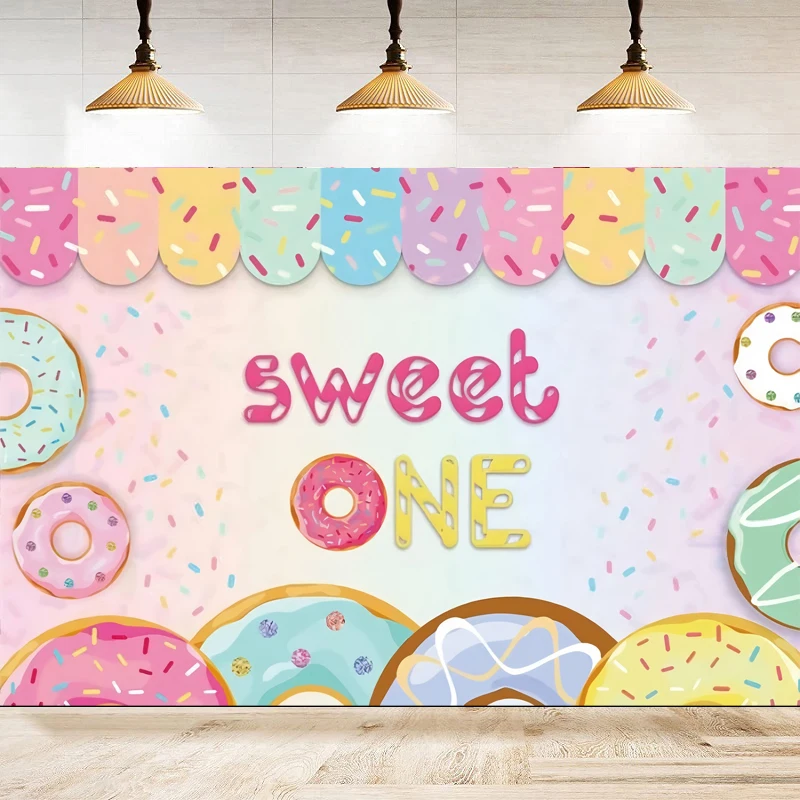 Photography Backdrop Candy Land Pink Sweet Donut Ice Cream For Baby Girl's Sweet One First Birthday Decor Background Banner