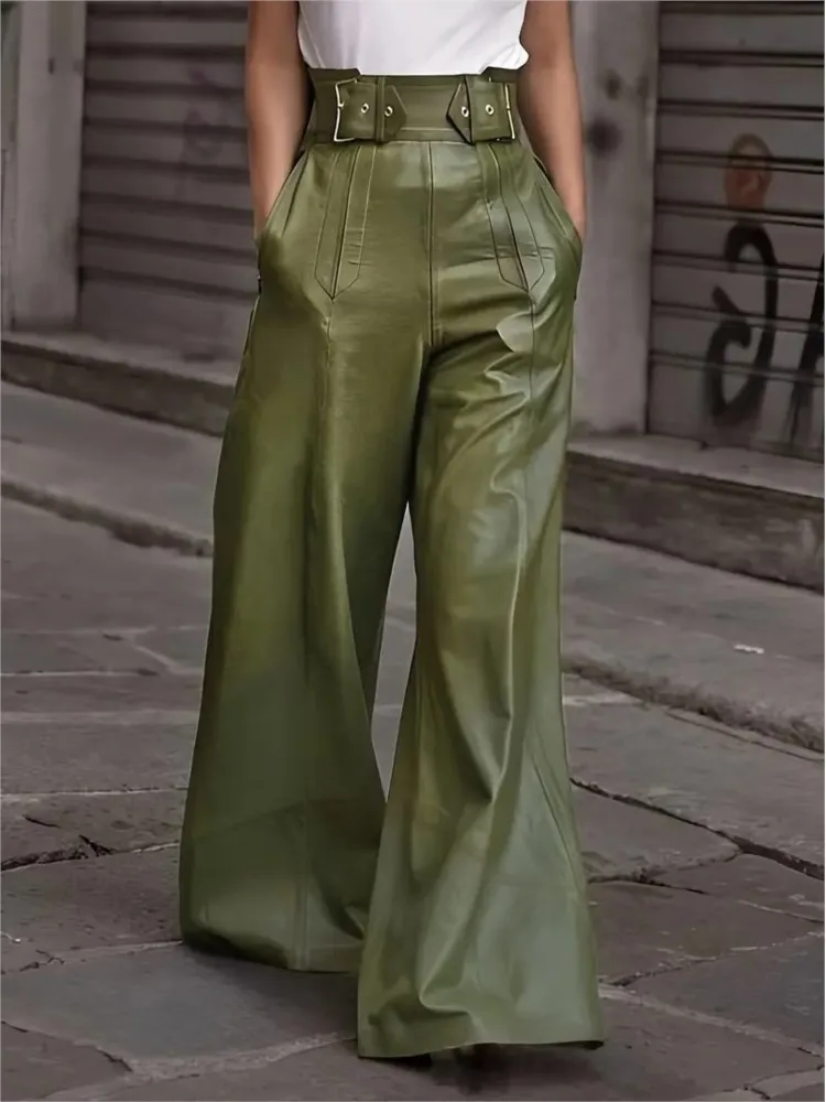 

PU Leather Women's Long Pant Solid Color High Waist Wide Leg Lady Trousers Pleated Pockets Belt 2025 Vintage Female Streetwears