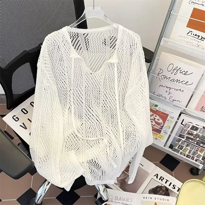 

Loose Elastic Hollow Out Slightly Transparent Knitted Pullover Sweater Men Fall V-neck Long Sleeve Knit Shirts Streetwear