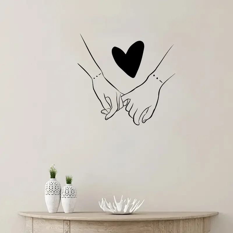 Romantic Couple Hands with Heart Wall Sticker - Self-Adhesive Removable PVC Decal for Living Room, Bedroom, Dining Area & Entryw