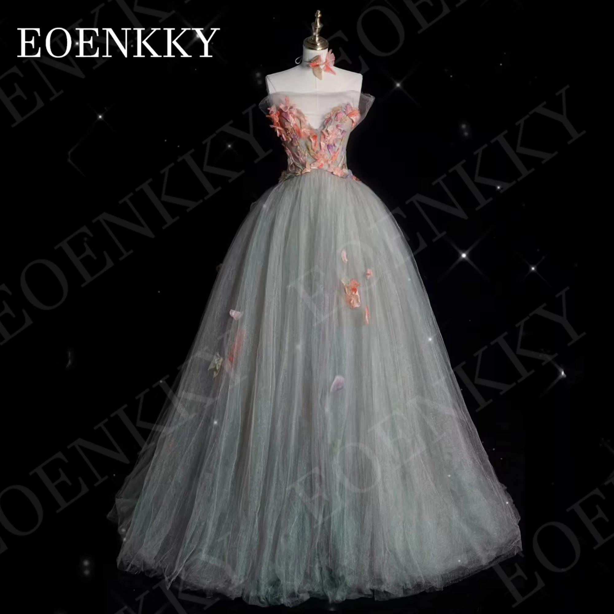 EOENKKY Graceful Prom Dresses Floor Length Evening Gown Backless Tulle Strapless 3D Flowers Bespoke Occasion Dress A Line V Neck