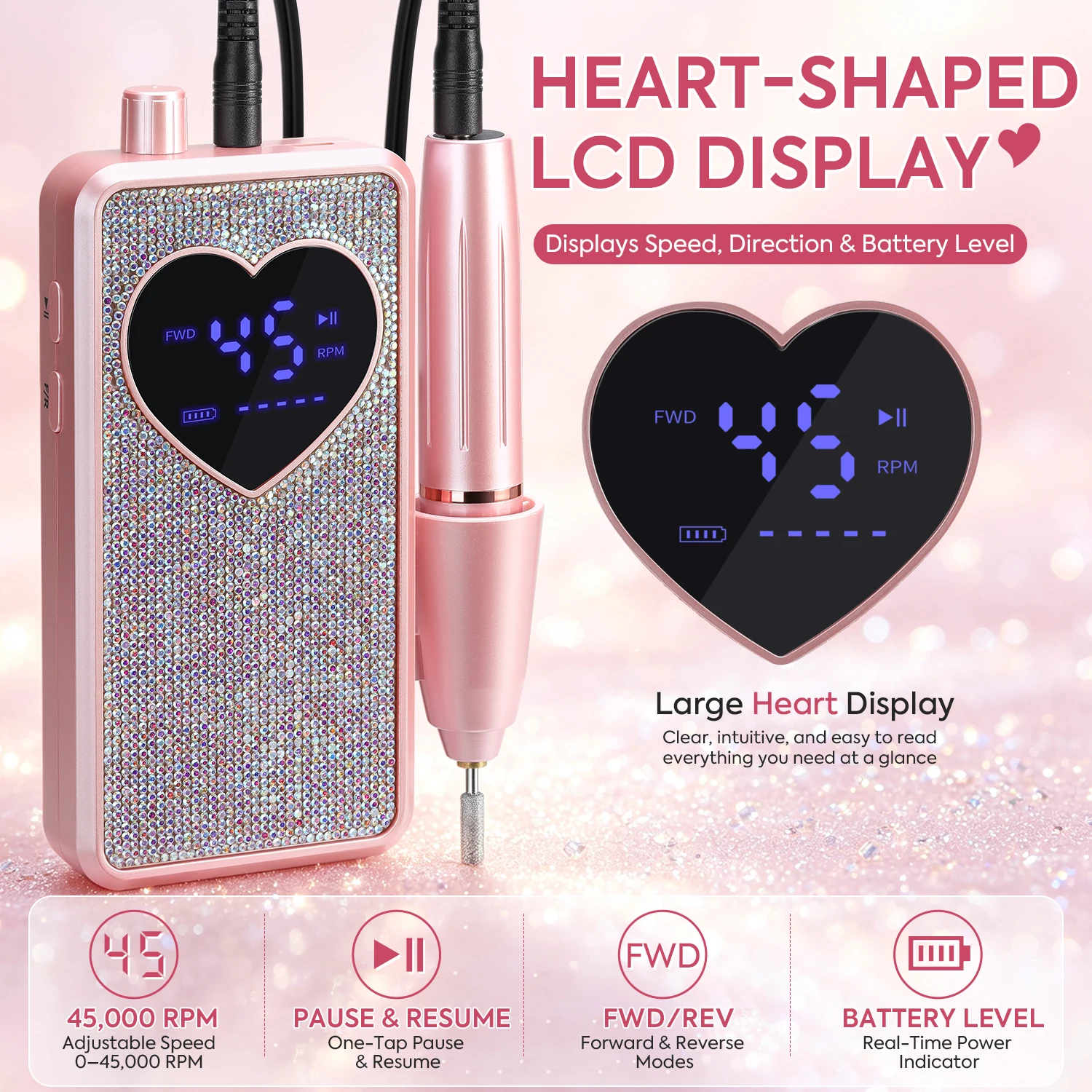DianaBeauty Taladro Eléctrico Recargable para Uñas 45000 RPM, Lima de Uñas Portátil con Pantalla LCD para Uñas de Gel Acrílico, Salón y Hogar