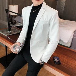 Men Casual Black White Suit Leather Jacket /Men Solid Color Business Suit Collar PU Blazers Dress Coat Fashion /New Men Clothing