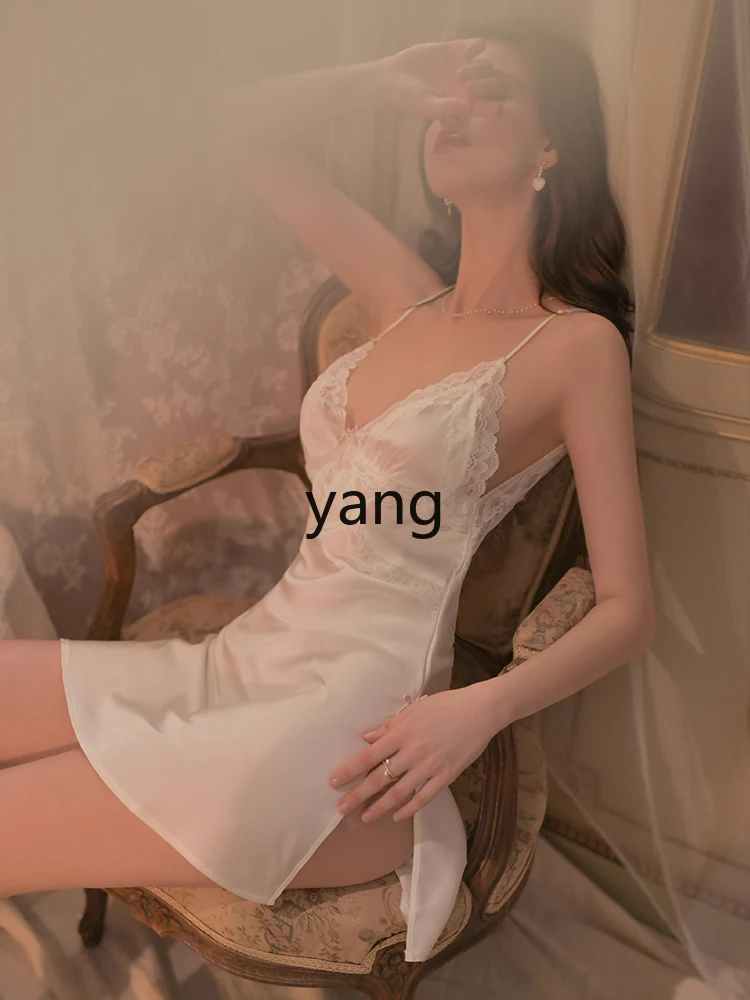 LMM summer high-end small chest with chest pad ice silk lace suspender nightdress