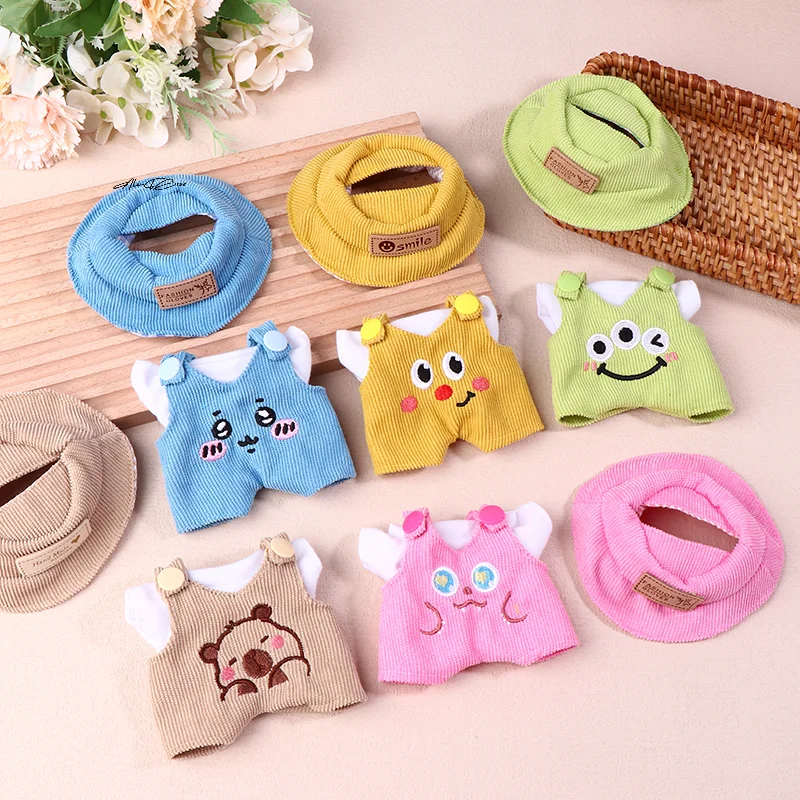 Voor 17 cm Labubu Poppenkleertjes Accessoires Leuke Mini Wit Shirt Hoed Dier Overalls Set Pluche Poppen Veranderen Kleding Geschenken