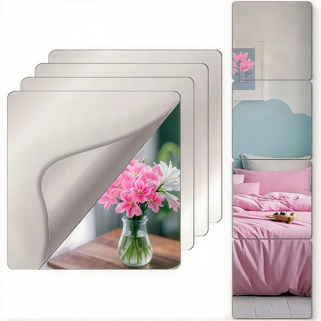4pcs 20/30cm 3D Self-adhesive Mirror Wall Stickers Thickened 2mm Flexible DIY Art Acrylic Mirror Stickers Living Room Decoration