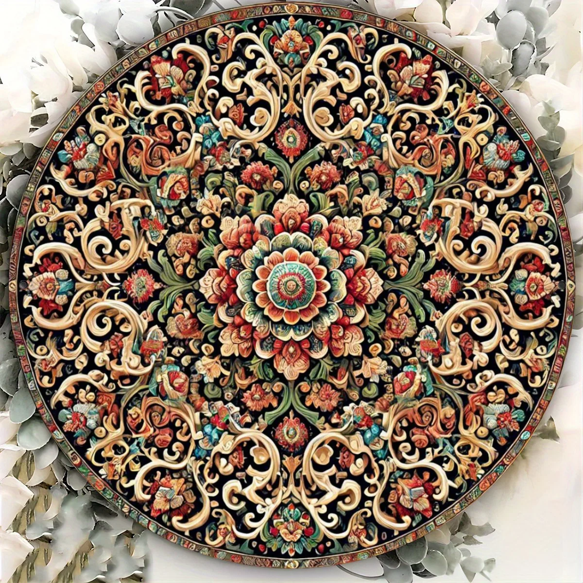 1 Stück Vintage-Wandkunst im persischen Stil, 20,3 x 20,3 cm, rund, Aluminium-Wandkunst – 2D-Flachmetallschild mit aufwendigem Blumen- und geometrischem Design, Perf