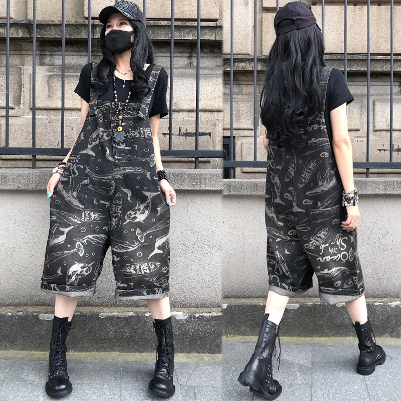 

Лето 2025: Новые модные тонкие джинсовые комбинезоны с принтом, свободного кроя, длиной 7/8, для невысоких, трендовые, цельные брюки