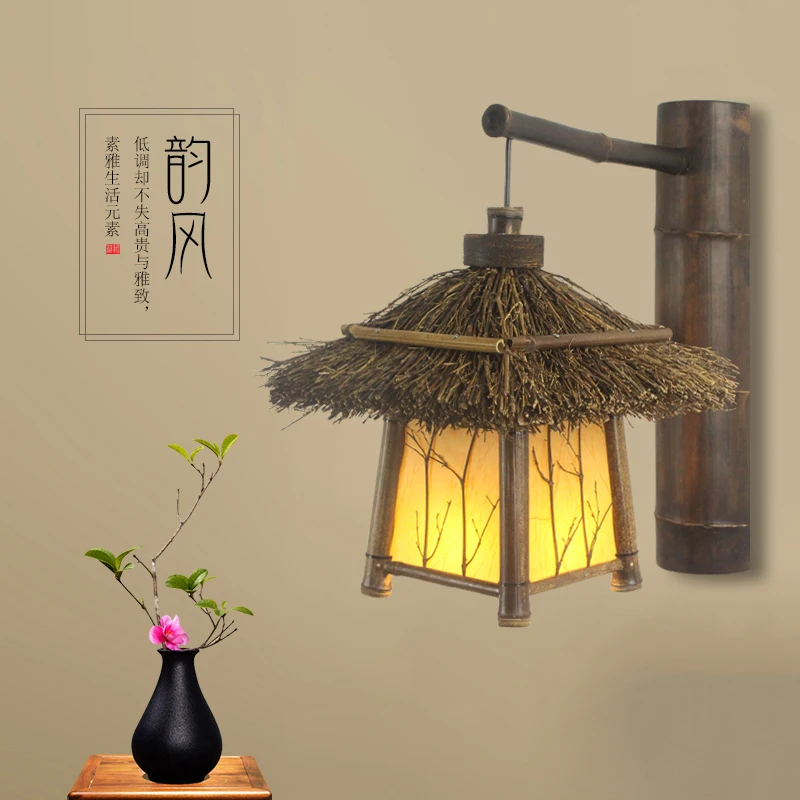 Antique Rural Bamboo Wall Lamp Japanese Zen Southeast Asianaa Cabin Wooden Lantern For Bar Bedside