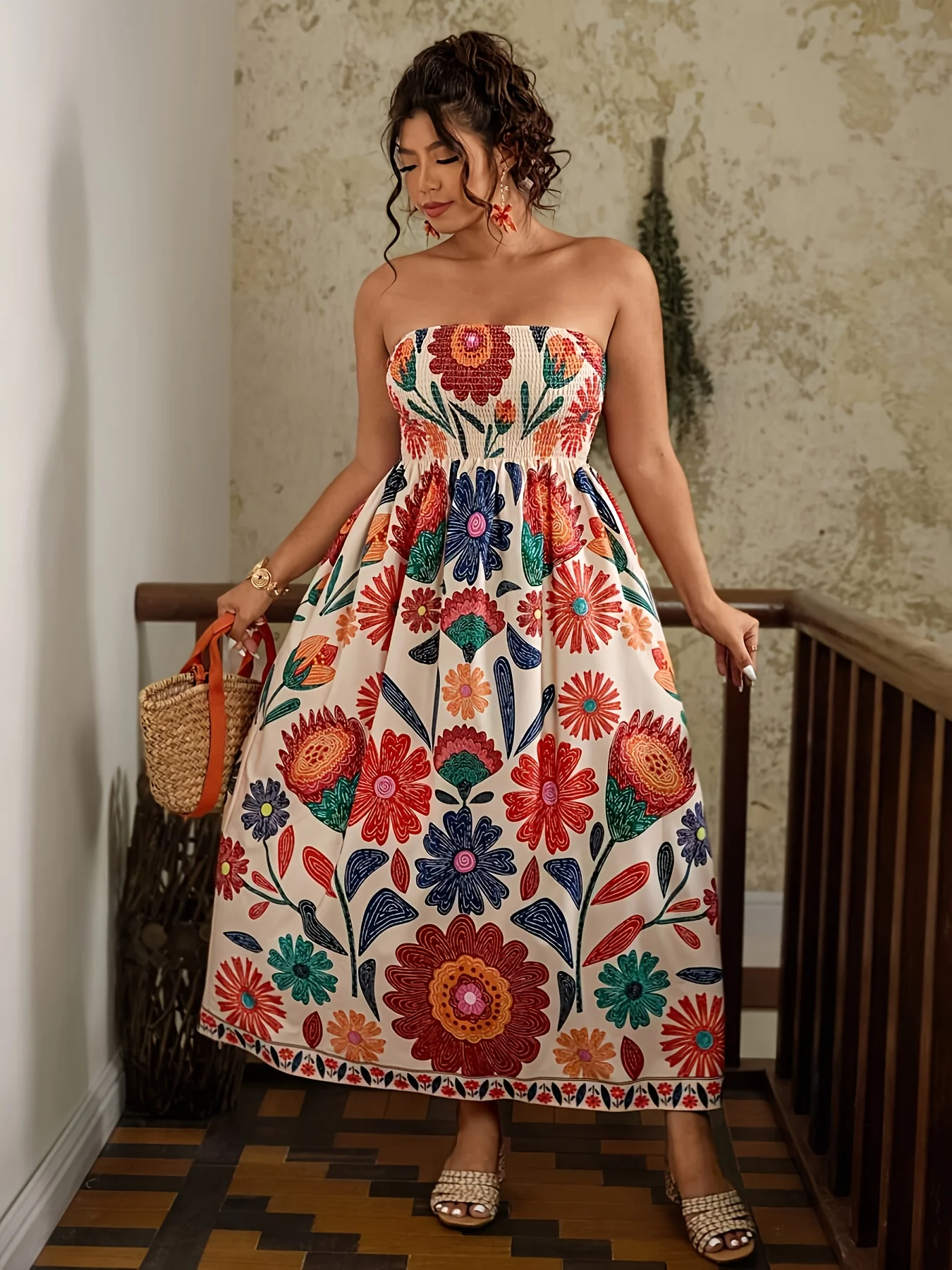 

plus Size Maxi Dress with Ethnic Print Fashionable Strapless Gathers Design Elegant And Stylish