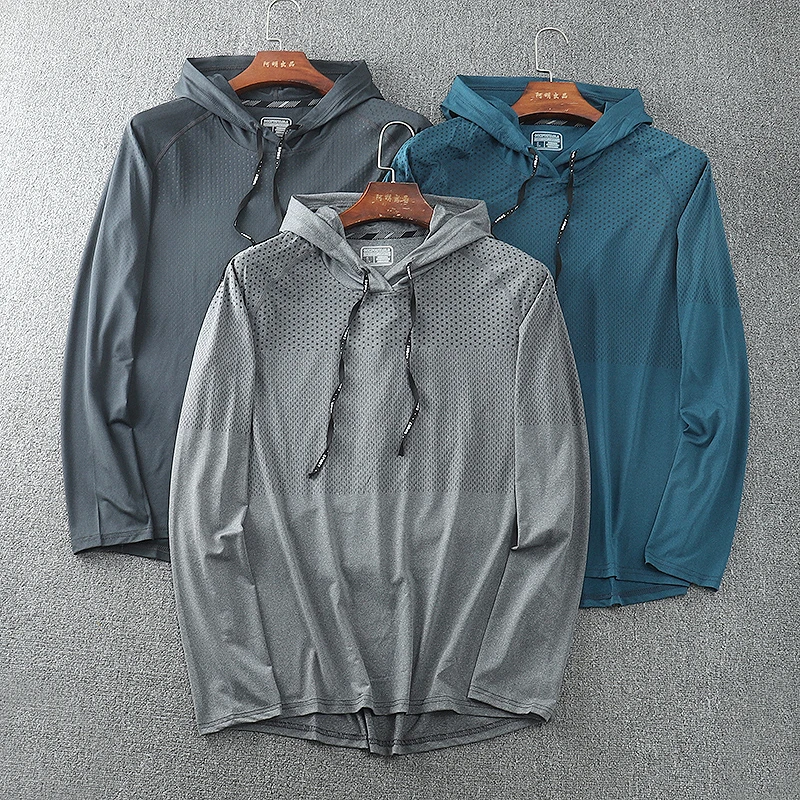 Quick Dry Elastic Ice Silk Men's Hoodie Sweatshirt Thin Casual Outdoor Sports Overhead T-Shirt Fashionable Urban Style Spring