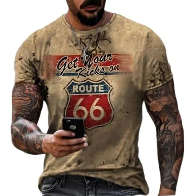 Fashion Vintage 3D Print Men's T-shirts Summer US Route 66 Letters Unisex Clothes O Collar Casual Street Loose Oversized T Shirt