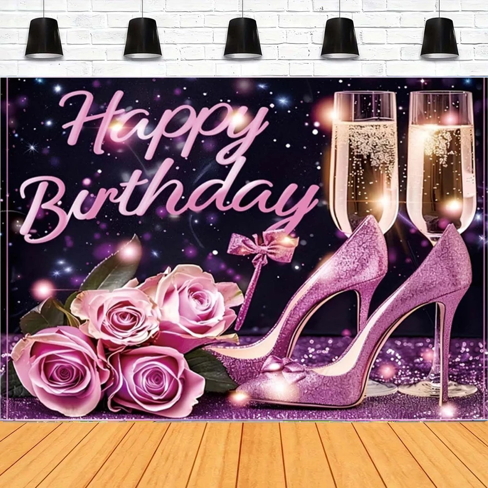 خلفية التصوير الفوتوغرافي الوردي الساخن عالية الكعب امرأة عيد ميلاد سعيد ديكور راية عالية الكعب الشمبانيا للفتيات خلفية متألقة