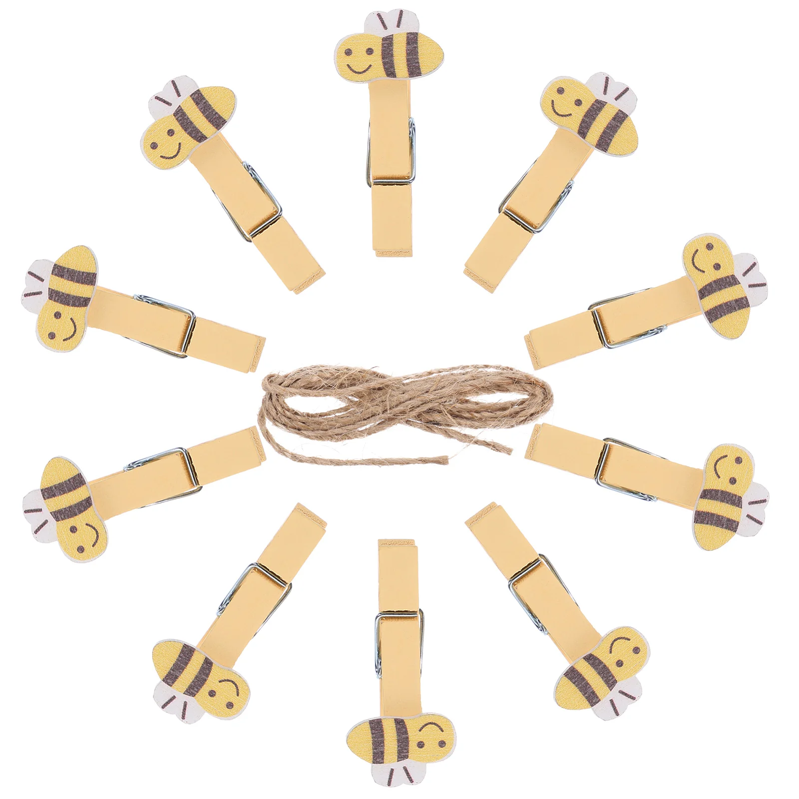 10PCS Handmade Wood Clips with Twine Cartoon Bee Mini Clothespin Photo Craft Snack Clips Party Favors for Display Photos Decorat