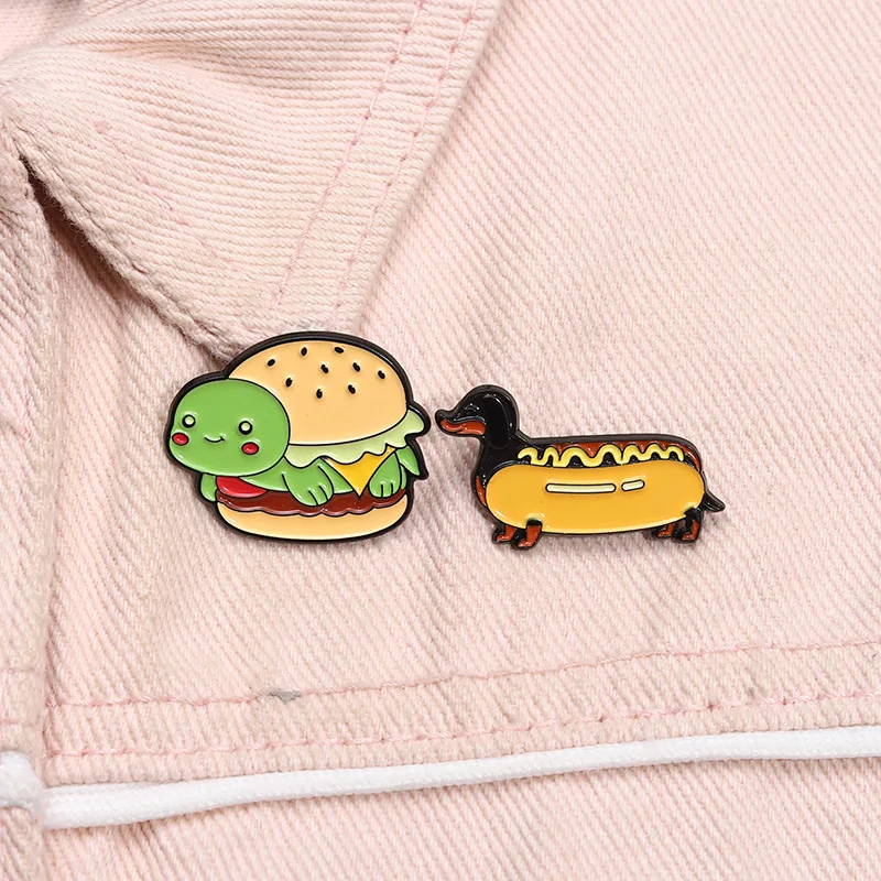 Caton Burger Tortoise Enamel Brooch Sausage Dog Lapel Pin Custom Cute Animal Food Badge Punk Clothes Funny Jewelry Gift For Kids