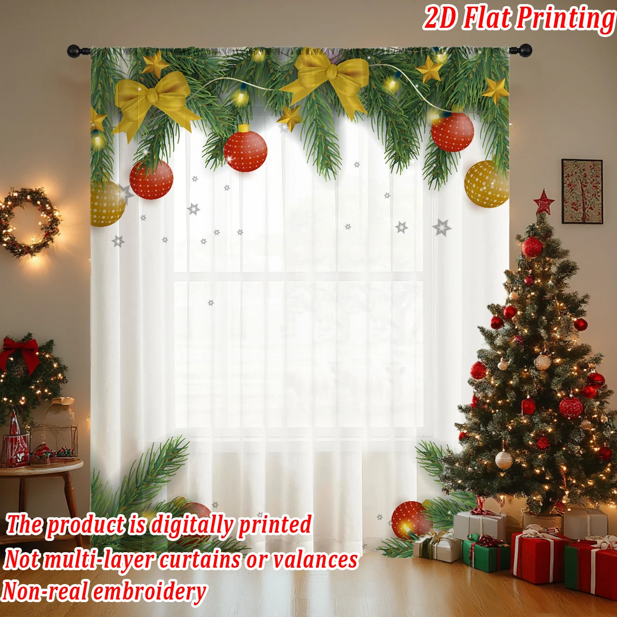 Christmas Flat Printing Sheer Curtain with Christmas Ball Bow Star Pine Branch for Living Room Bedroom Decor Holiday Party