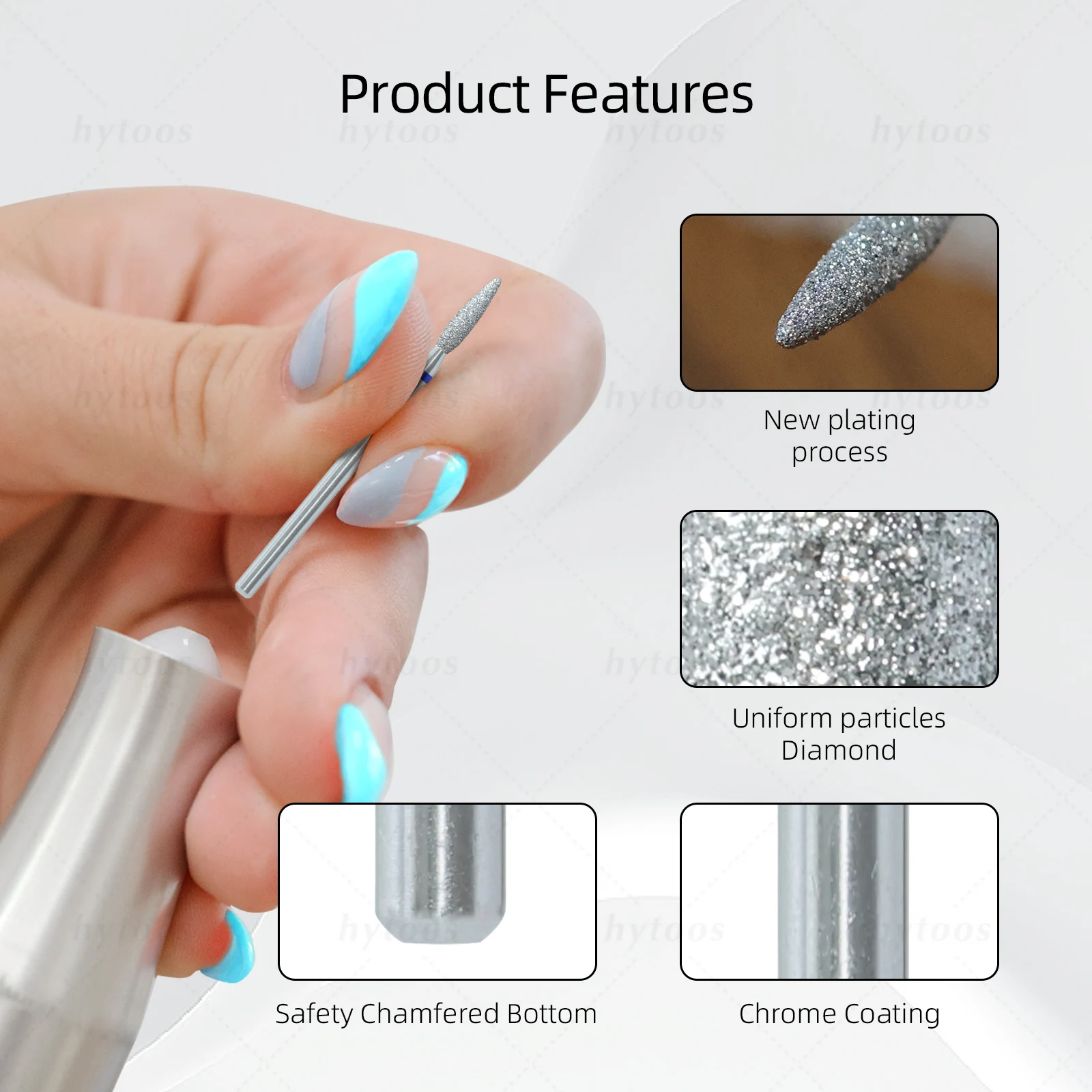 HYTOOS Brocas de diamante cromadas para uñas, broca profesional rusa de punta roma para cutículas, herramienta de pretratamiento para limpiar la piel muerta de las uñas