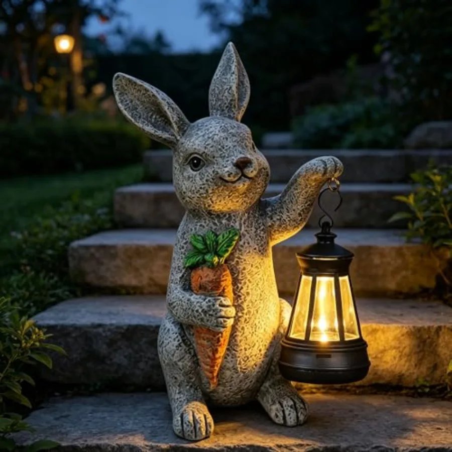 Solar Rabbit Garden Statue with Lantern Bunny and Carrot, Waterproof Resin Outdoor Figurine