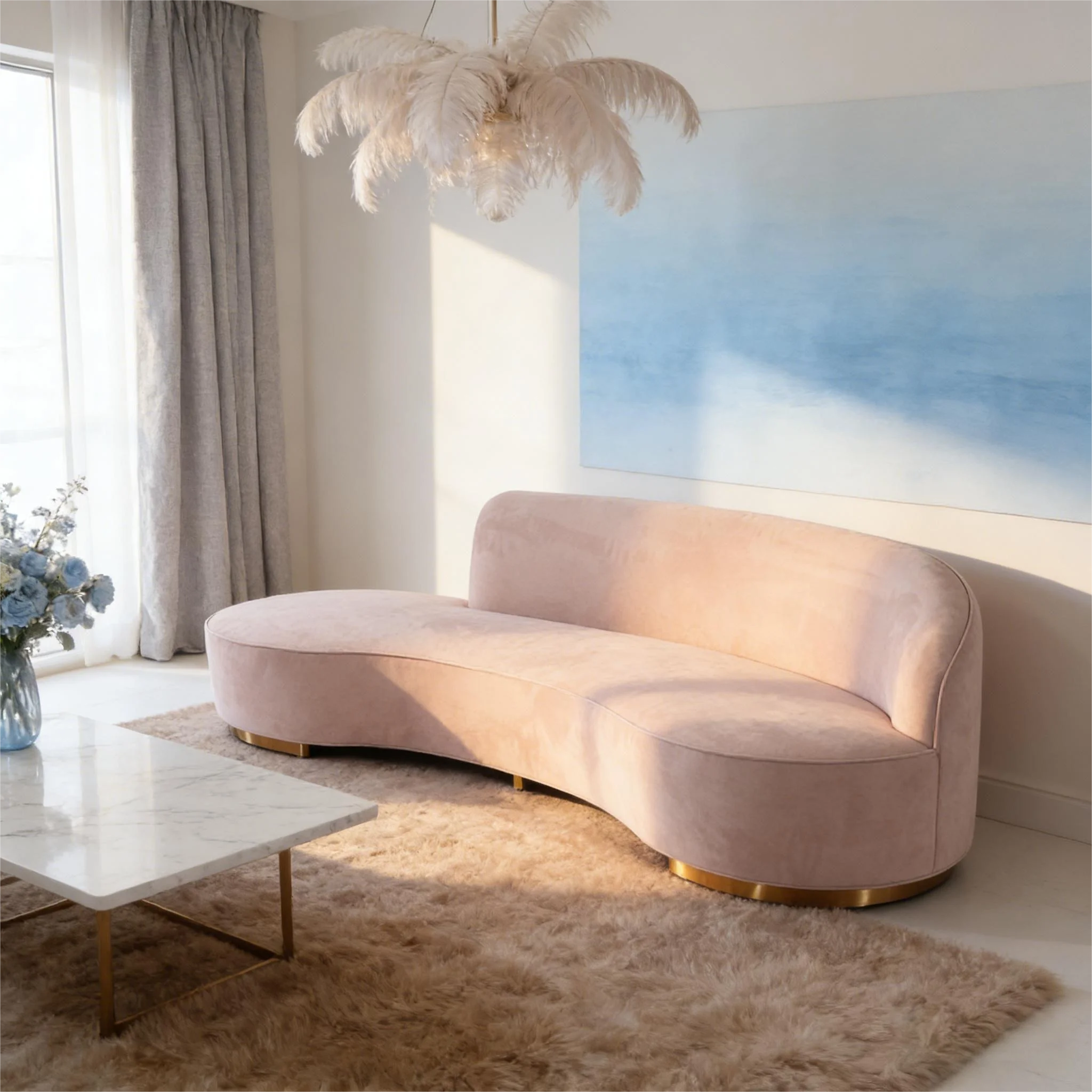 

Light pink wool curved sofa, gold base, light luxury and sweet style living room sofa, casual fabric sofa