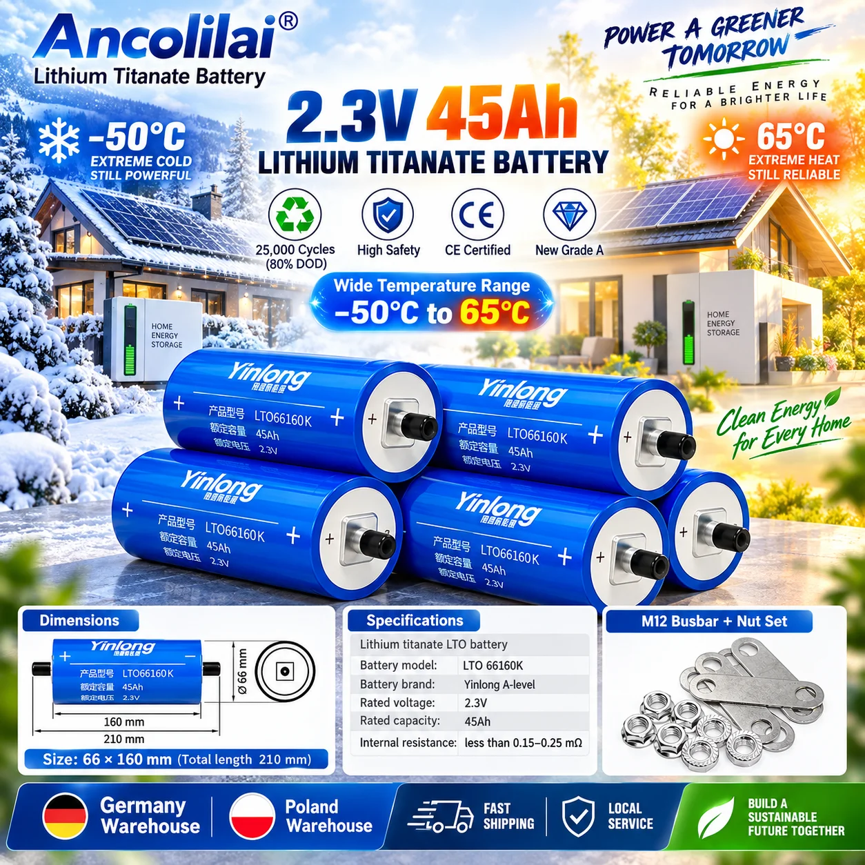 Cella batteria al litio titanato Yinlong 2.3V LTO 66160K, capacità nominale 45Ah, per progetti di accumulo solare in cabina, ciclo di vita 30000 cicli al 80% DOD, temperatura di esercizio da -50°C a