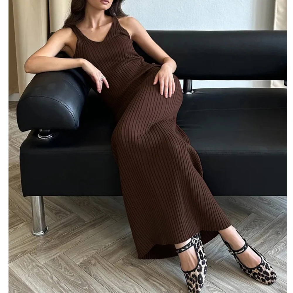 2025 nuove donne di arrivo senza maniche con scollo a V lavorato a maglia abito lungo Boho maxi abito abiti vestiti