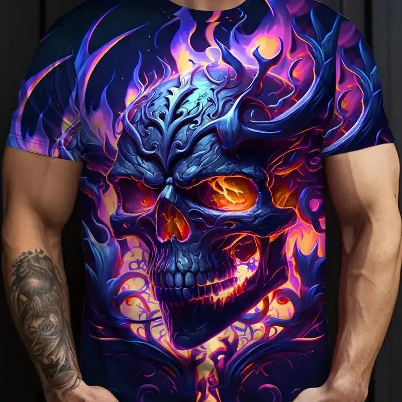 Summer short-sleeved T-shirt, suitable for Halloween, plus-size men's costume with 3D printed skulls and flames