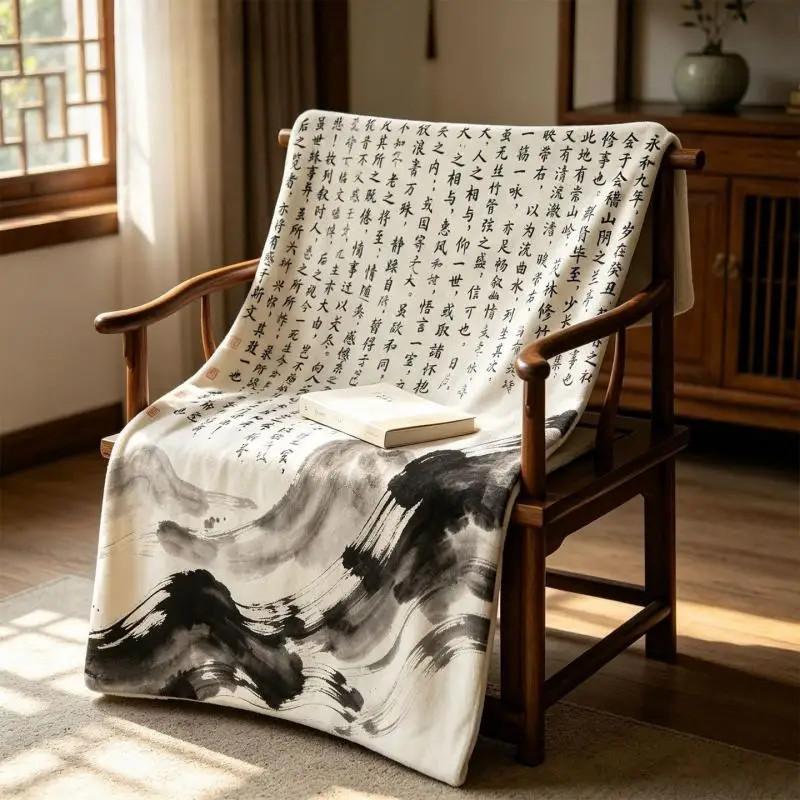 Autumn Winter Air Conditioning Blanket Chinese Style Printing of Ancient Poetry Blanket Keep Warm Comfortable Soft Nap Blanket