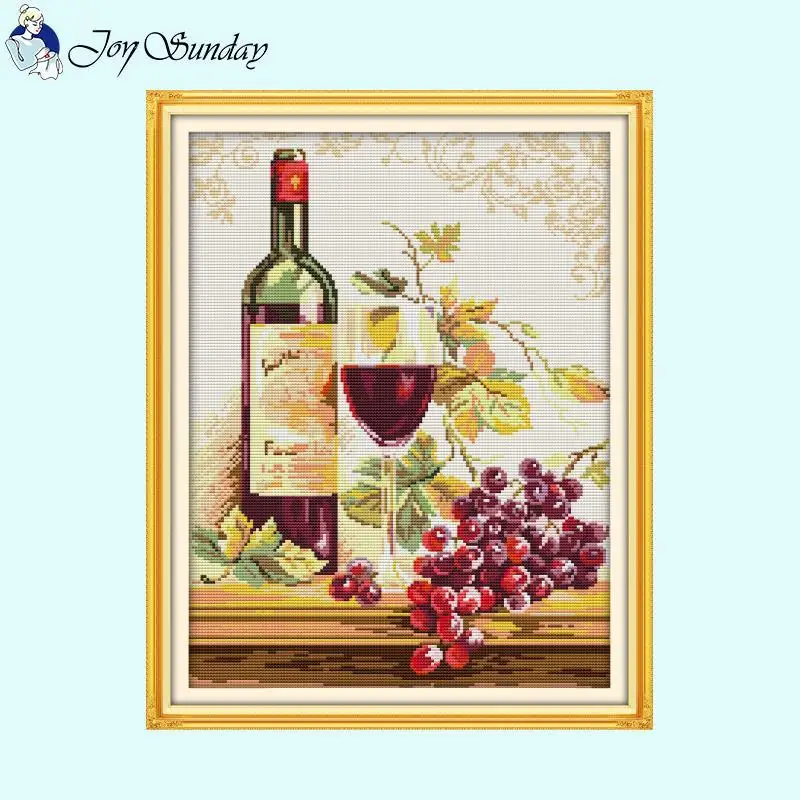 Wine Bottle Series Pattern Joy Sunday Cross Stitch Kits 14ct 16ct 11ct White Fabric Printed Embroidery Set DIY Home Decor Crafts