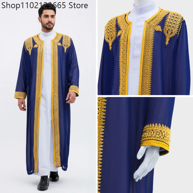 

Traditional Arab Men's Robe Thobe Embroidered Dress Middle Eastern Ethnic Eid Djellaba Kimono Jacket Cosplay Casual Cardigan