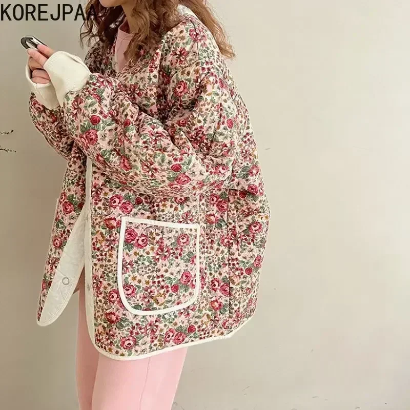 Korejpaa Winter Jacket Women French Style V Neck Floral Printed Vintage Parkas Elegant Warm Pockets Ropa De Invierno Mujer