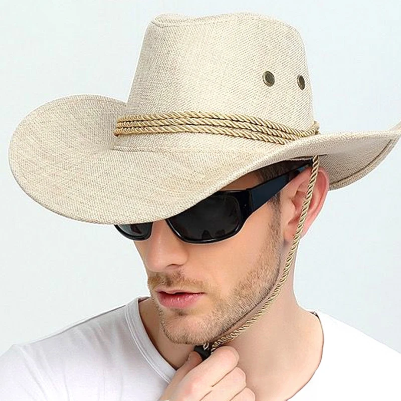 Summer Men Hat Breathable Western Cowboy Sunscreen Cap British Style Men Linen Solid Color Retro Casual Lightweight Hat